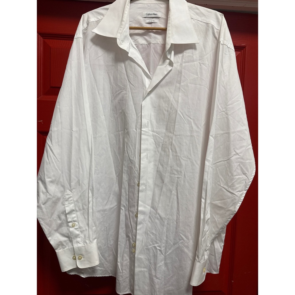 Calvin Klein Mens White Slim Fit Dress Shirt 17.5 34/35 100% Cotton Button Down